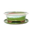 Bonsai-Schale mit Unterteller Gr. 4 - Sonderglasur mit edlem Farbverlauf-Effekt - oval 09 - hellgrün-beige -  L 25,5cm - B 21cm - H 9cm