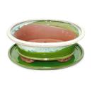 Bonsai-Schale mit Unterteller Gr. 4 - Sonderglasur mit edlem Farbverlauf-Effekt - oval 09 - hellgrün-beige -  L 25,5cm - B 21cm - H 9cm