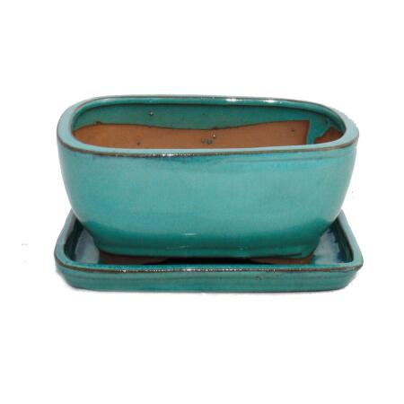 bonsai bowl with saucer size 2 - turquoise - rectangular - model gb5 - l 17cm - w 13cm - h 7,5 cm