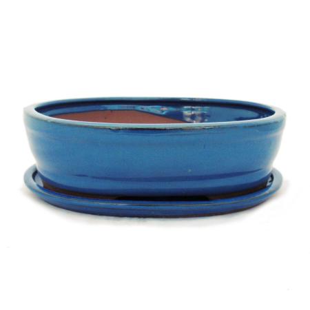 bol bonsaï avec soucoupe taille 4 - bleu - ovale - modèle o7 - l 26cm - b 21cm - h 7,5cm